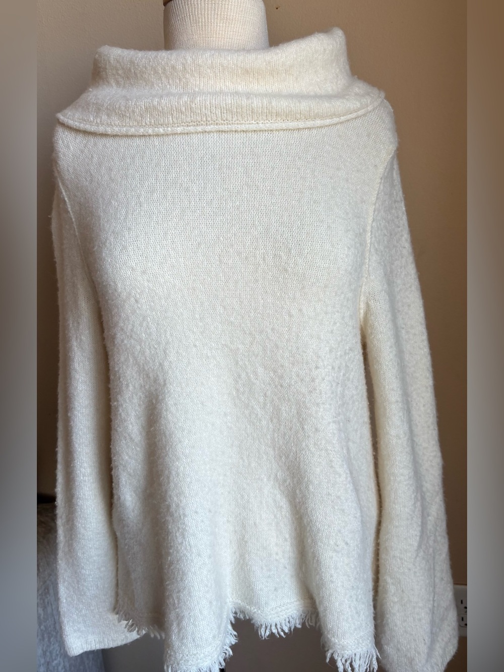 Anthropologie Akemi + Kin Cream Fringe Hem Cowl Neck Sweater Medium Cozy Boho